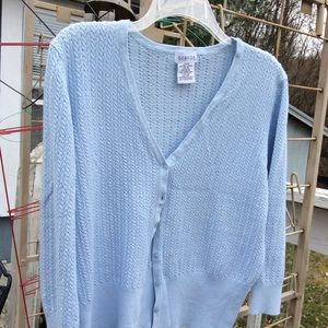 Dusty Blue button up cardigan. 73% rayon 27% nylon